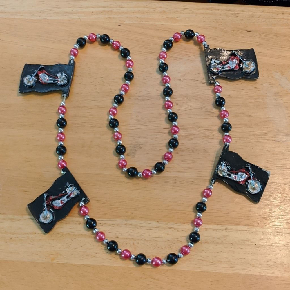 One of a Kind Red and Black 3D Motorcycle Flag Plaque Beaded Statement Necklace